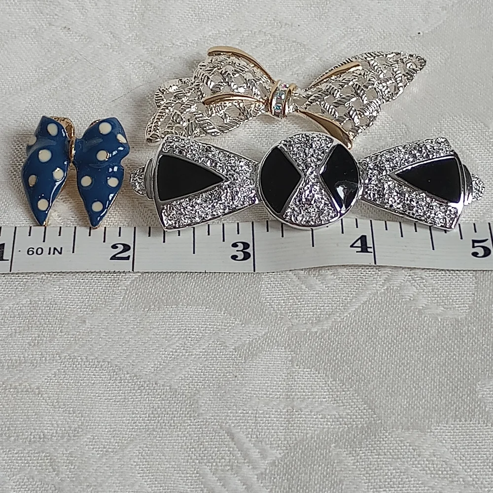 Set Of 3 Bow Brooches, Enamel Polka Dot, Ab Rhinestone, Black, Two Toned